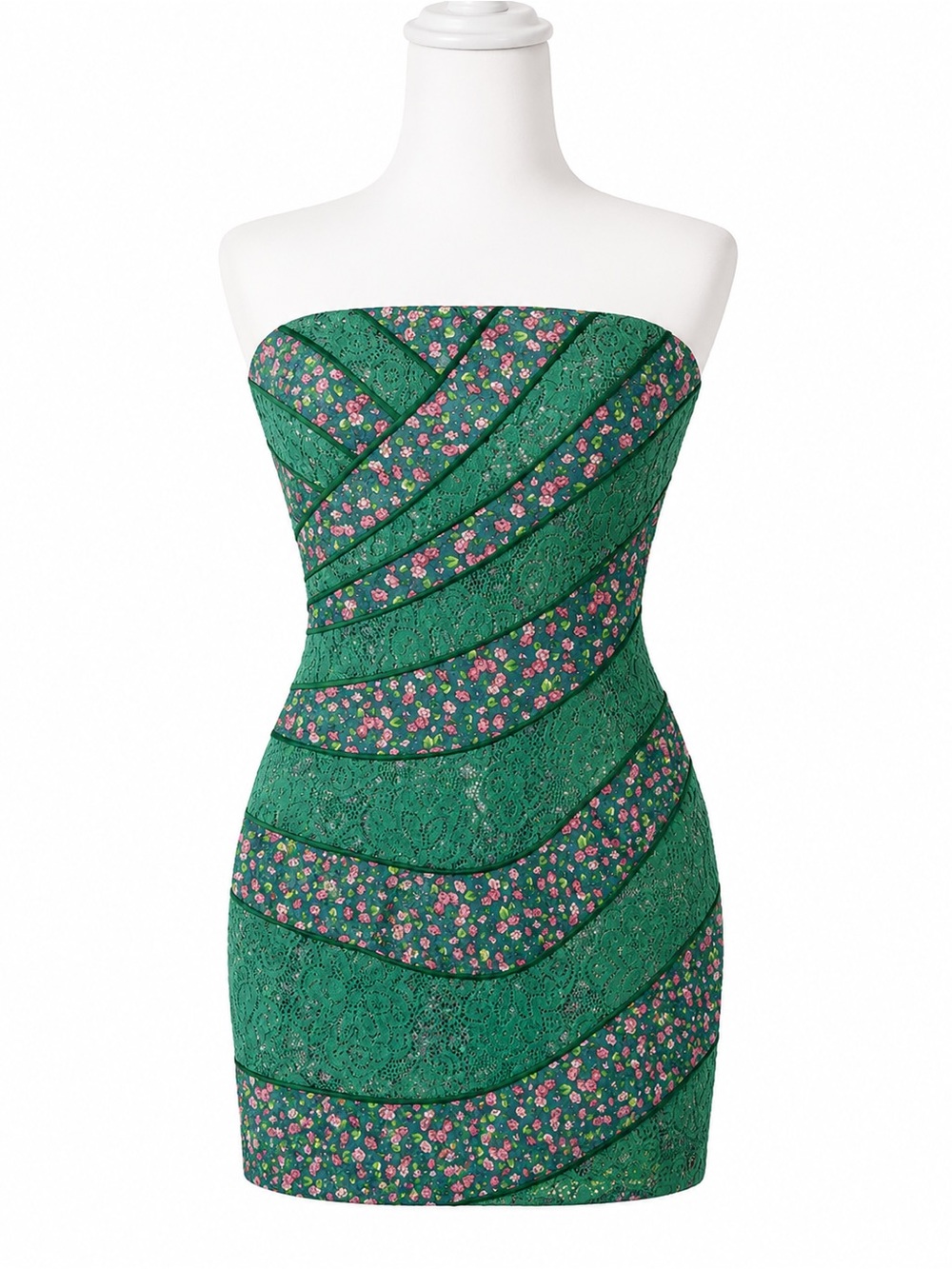 FARM Rio Strapless Green Floral Lace Mini Dress